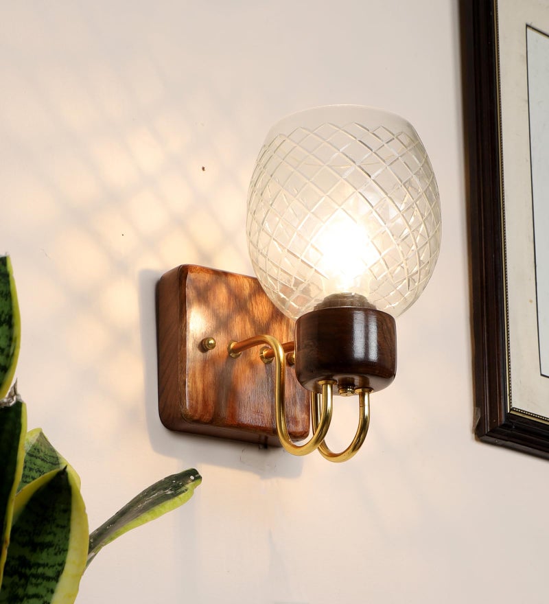 Green House Handmade Sheesham Wood Wall Light/Lamp with White Diamond Cut Glass, E27 Bulb Holder(Bulb not Included), Gold Plated Metal Bands and Brass Rivets for Bedroom/Living Room/Hallway - Image 1