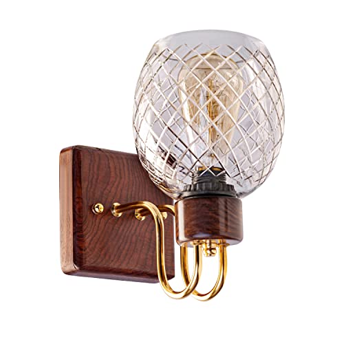 Green House Handmade Sheesham Wood Wall Light/Lamp with White Diamond Cut Glass, E27 Bulb Holder(Bulb not Included), Gold Plated Metal Bands and Brass Rivets for Bedroom/Living Room/Hallway - Image 3