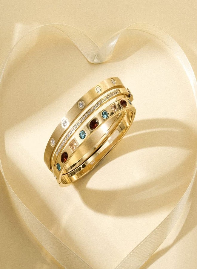 WISTIC 5 Crystal Diamond Classic Cuff Bangle Chunky Bracelet Clasp Wristband Bracelet for Women Zirconia Diamond Simplicity Polished Friendship Bangle for Men Jewelry (1Gold) - Image 4