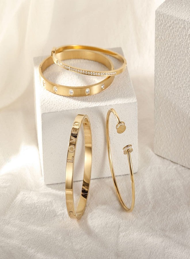 WISTIC 5 Crystal Diamond Classic Cuff Bangle Chunky Bracelet Clasp Wristband Bracelet for Women Zirconia Diamond Simplicity Polished Friendship Bangle for Men Jewelry (1Gold) - Image 5