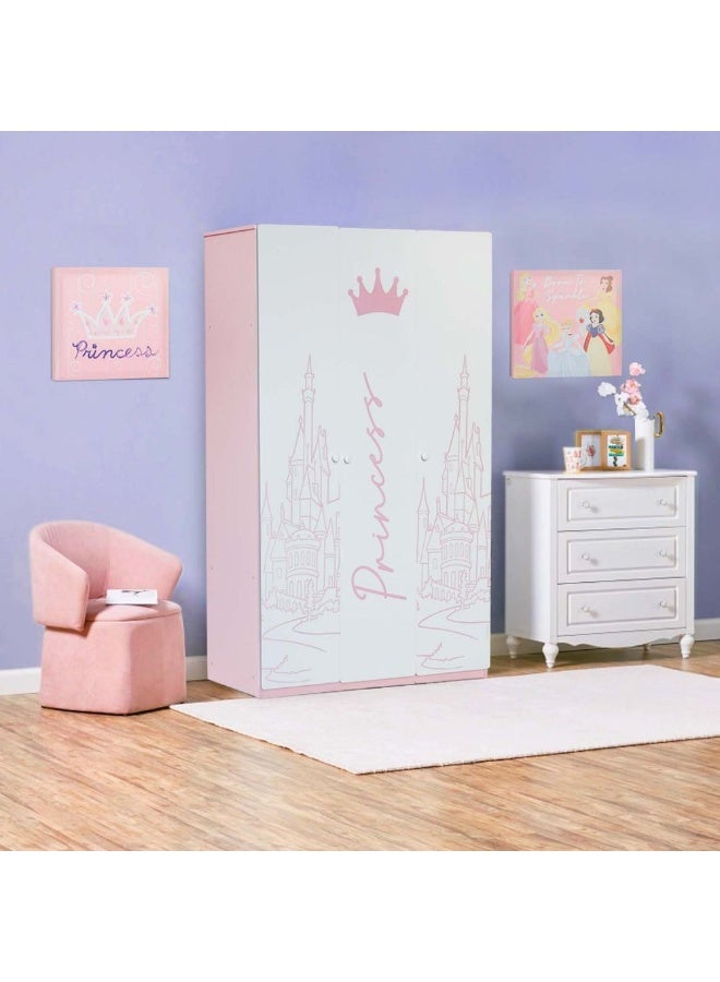 DANUBE HOME خزانة ملابس أطفال ديزني برينسيس 3 أبواب | خزانة تخزين ملابس متينة | خزانة أبواب متأرجحة بتصميم حديث موفرة للمساحة لغرفة الأطفال L120xW45xH180cm - أبيض ووردي - Image 1