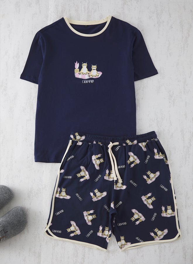 trendyol Navy Blue Cat Printed Men's Pajamas Set Cotton Knitted - Image 4