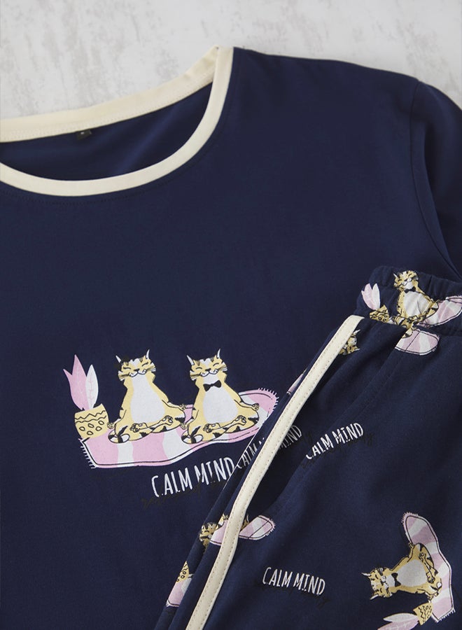 trendyol Navy Blue Cat Printed Men's Pajamas Set Cotton Knitted - Image 3