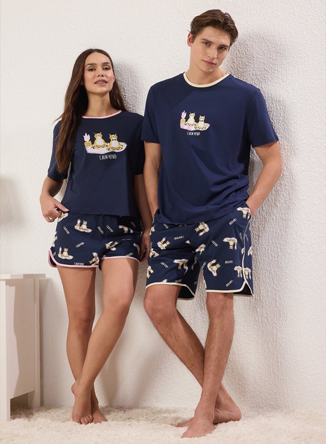 trendyol Navy Blue Cat Printed Men's Pajamas Set Cotton Knitted - Image 2