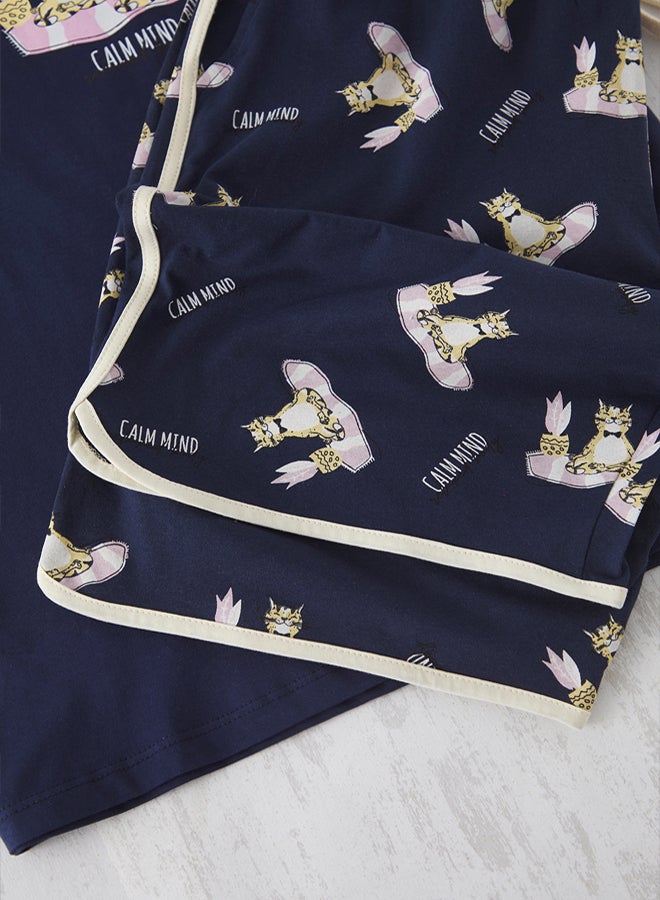 trendyol Navy Blue Cat Printed Men's Pajamas Set Cotton Knitted - Image 5