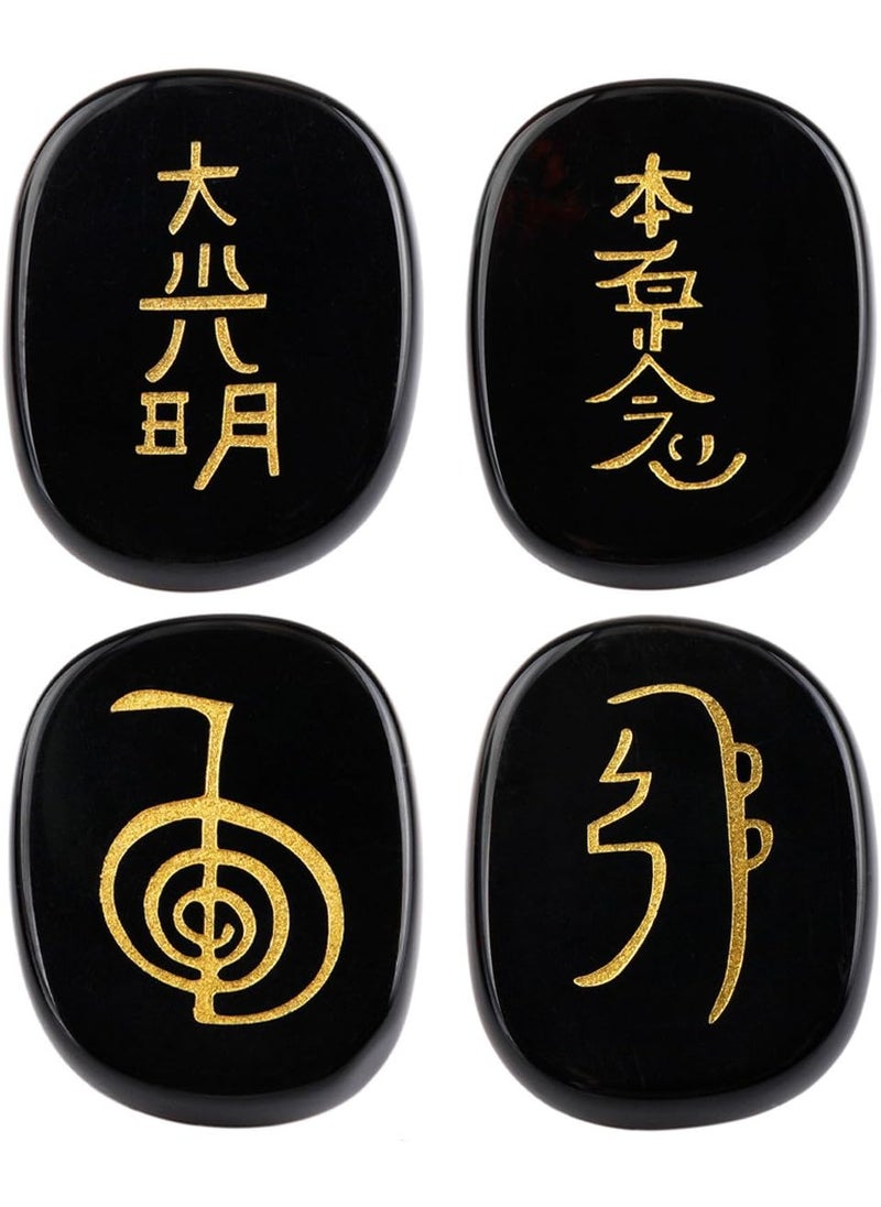 SUNYIK SUNYIK Flat Oval Black Agate with Engraved Usui Symbols Palm Stone Worry Stones Set of 4 