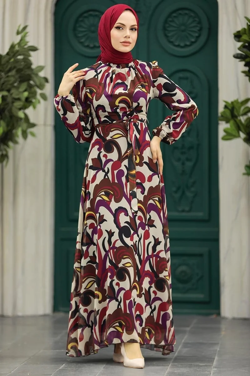 نيفا ستايل - Brown Hijab Dress with Flower Pattern 27936KH