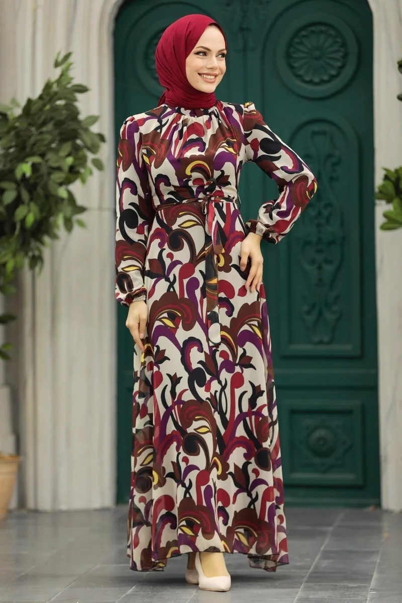نيفا ستايل - Brown Hijab Dress with Flower Pattern 27936KH