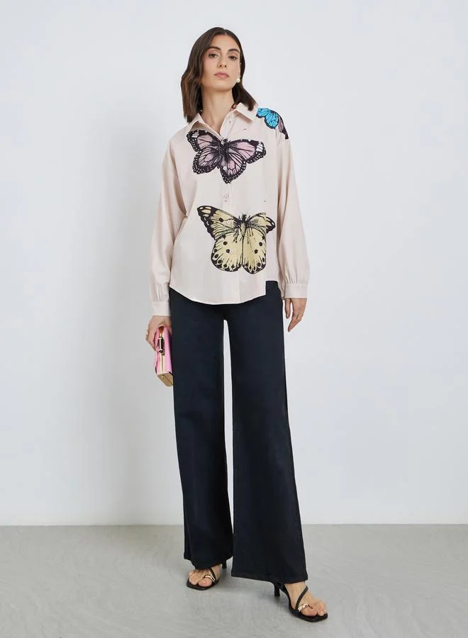 تايك تو Take Two Women Butterfly Graphic Print Long Sleeve Oversized Shirt