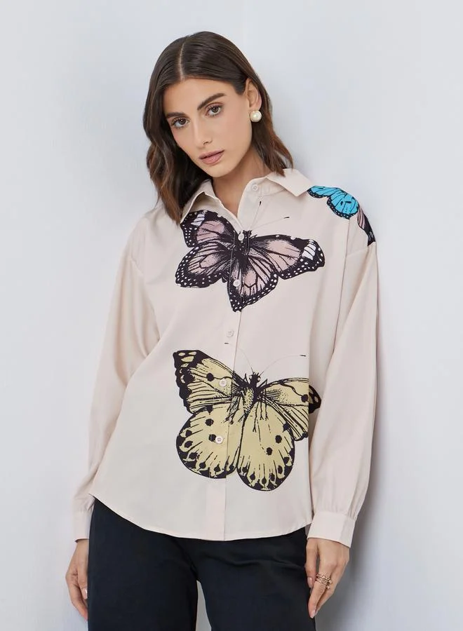 تايك تو Take Two Women Butterfly Graphic Print Long Sleeve Oversized Shirt