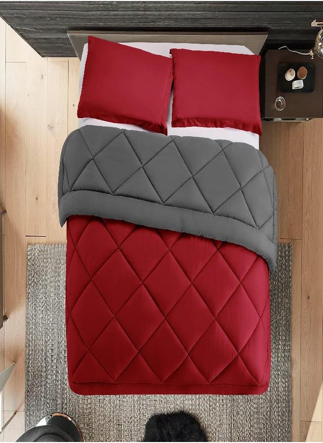 Elegant Comfort Elegant Comfort Reversible 3-Piece Comforter Set All Season, Ultra Soft, Down Alternative Comforter, King, Red/Gray  - Image 1