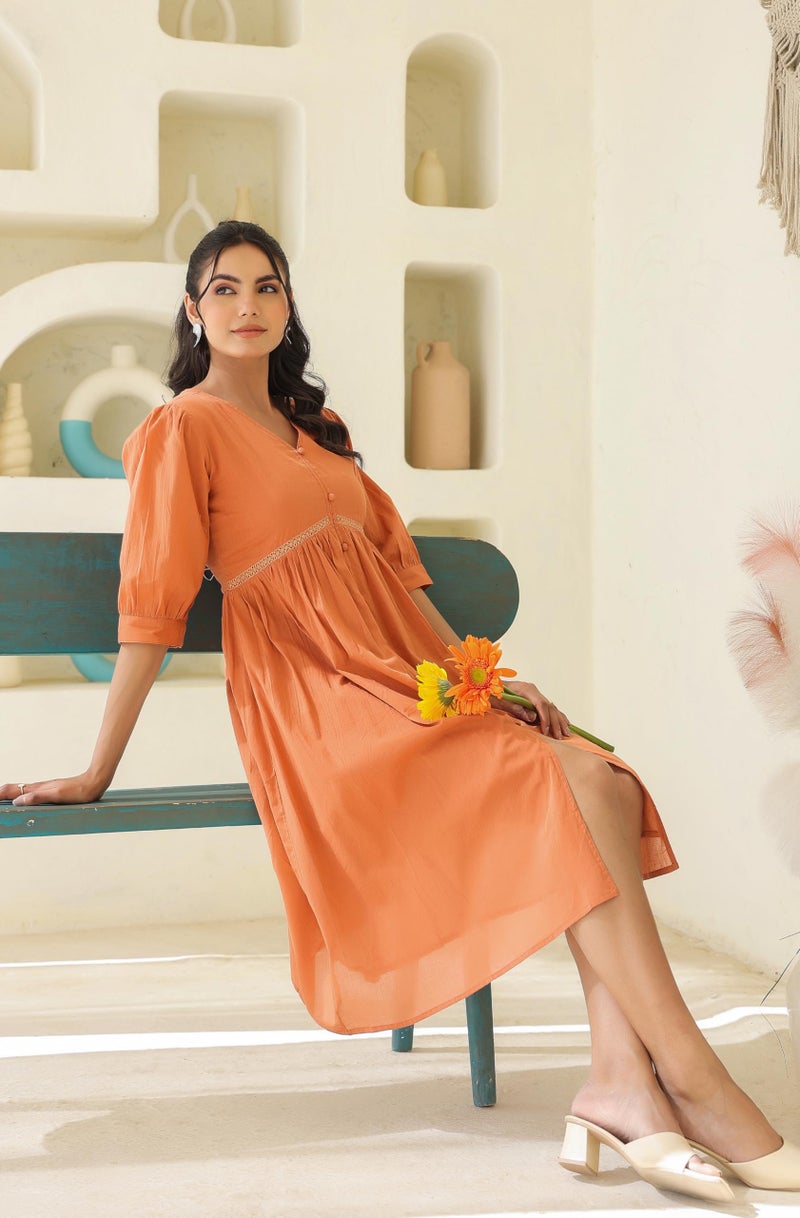 Janasya Women's Coral Orange Pure Cotton Solid Flared Dress (J0414-DR-RE-L) - Image 3