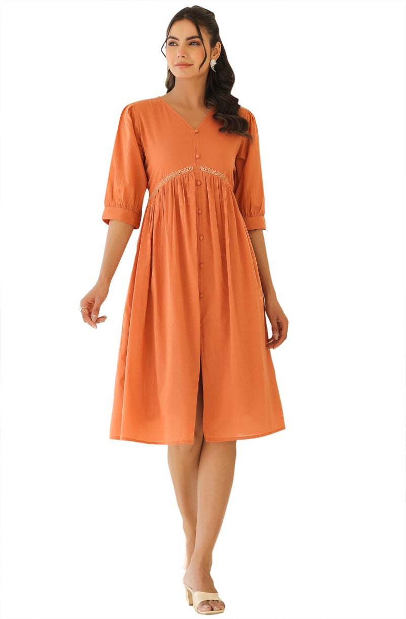 Janasya Women's Coral Orange Pure Cotton Solid Flared Dress (J0414-DR-RE-L) - Image 1