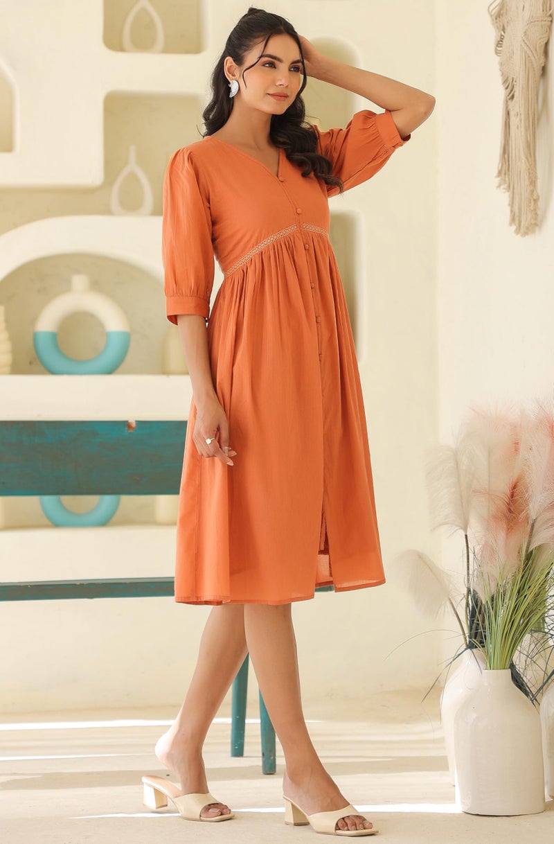 Janasya Women's Coral Orange Pure Cotton Solid Flared Dress (J0414-DR-RE-L) - Image 5