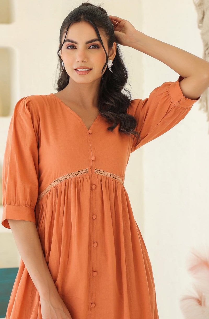 Janasya Women's Coral Orange Pure Cotton Solid Flared Dress (J0414-DR-RE-L) - Image 2