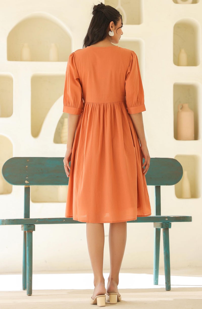 Janasya Women's Coral Orange Pure Cotton Solid Flared Dress (J0414-DR-RE-L) - Image 4