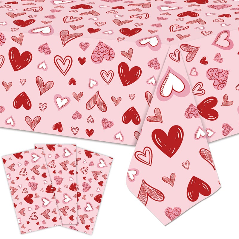 Merriva 3 Pieces 54x108 Inch Valentineâ€™s Day Heart Plastic Tablecloth, Disposable Rectangle Table Covers in Pink and Red with Heart Design for Romantic Dinners, Galentineâ€™s Day, and Love-Themed Decorations - Image 1