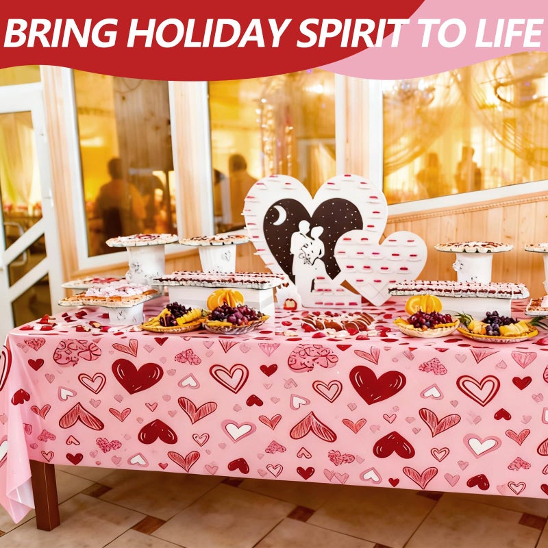 Merriva 3 Pieces 54x108 Inch Valentineâ€™s Day Heart Plastic Tablecloth, Disposable Rectangle Table Covers in Pink and Red with Heart Design for Romantic Dinners, Galentineâ€™s Day, and Love-Themed Decorations - Image 4