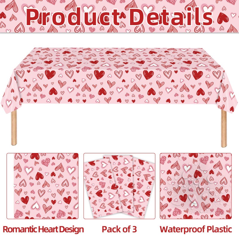 Merriva 3 Pieces 54x108 Inch Valentineâ€™s Day Heart Plastic Tablecloth, Disposable Rectangle Table Covers in Pink and Red with Heart Design for Romantic Dinners, Galentineâ€™s Day, and Love-Themed Decorations - Image 3