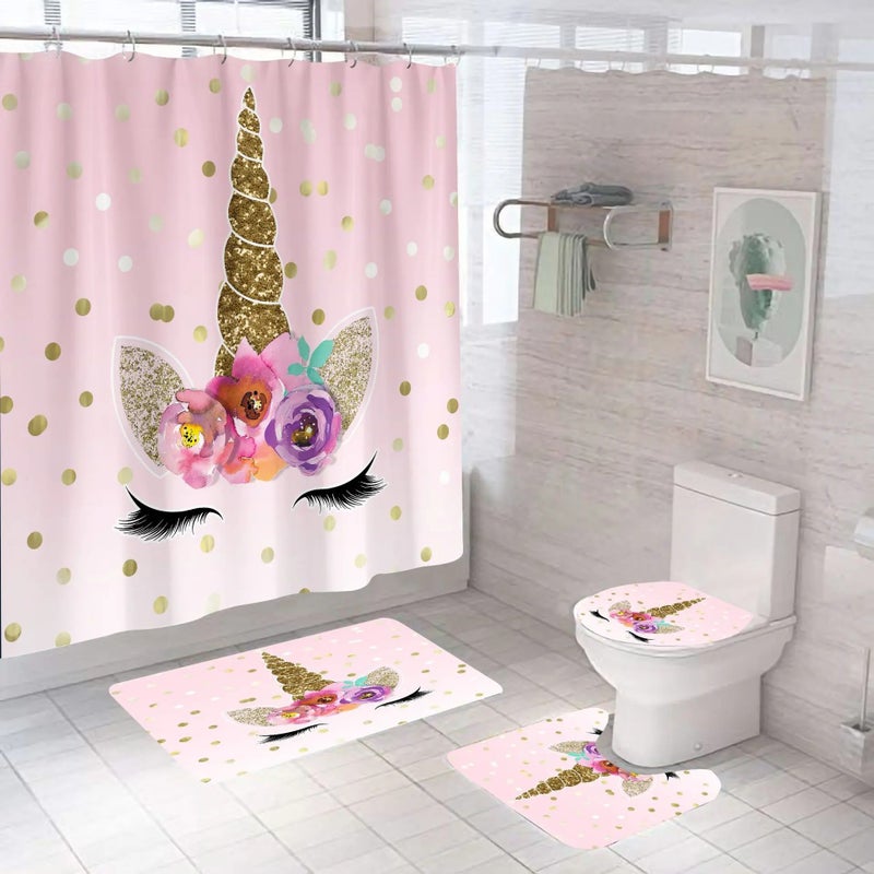 Y&D Unicorn Waterproof 3D Printed Polyester 4 Piece Set Bathroom Rug and Shower Curtain - Image 3