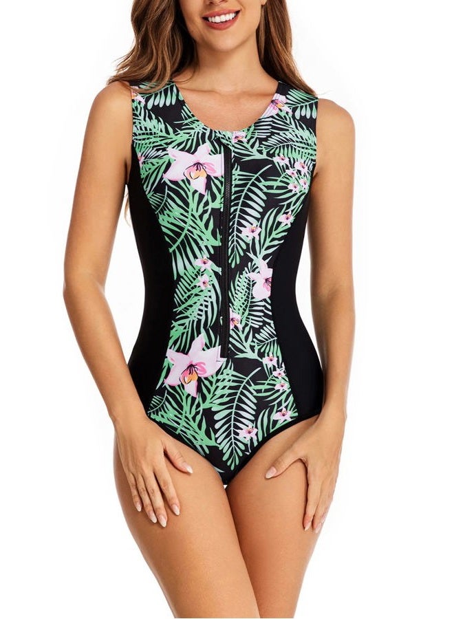 YATEEN Womens Rash Guard Zip Front Sleeveless One Piece Swimsuit, L - Image 4