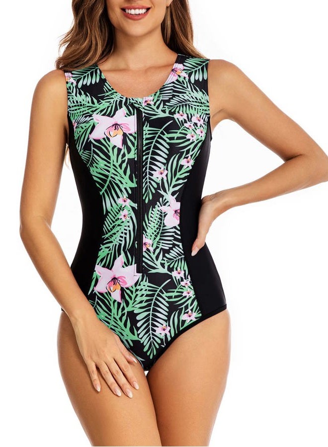 YATEEN Womens Rash Guard Zip Front Sleeveless One Piece Swimsuit, L - Image 1