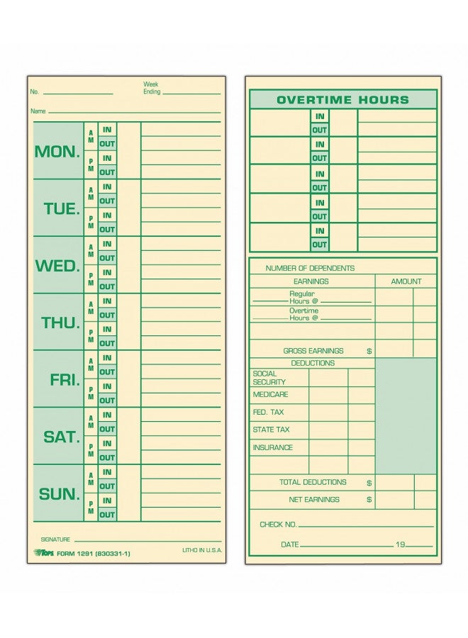 TOPS TOPS Time Cards, Weekly, 2-Sided, 3-1/2" x 8-1/2", Green Print Front/Back, 500-Count (1291)