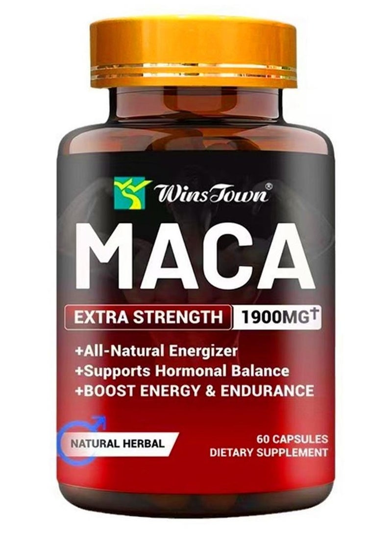 Wins Town Organic Maca Root Powder Capsules 1900 mg with Ashwagandha  Ginseng   Tribulus  Maca Root Extract Supplement for Men and Women  Vegan Pills  60 Capsules - Image 1