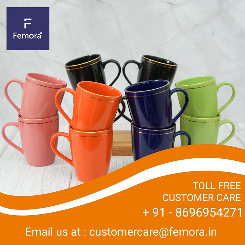 Femora Gold Series Ceramic Coffee Mug Set of 6 360ml Multi Color Tea Cups Stackable Chip Resistant Large Serving Coffee Cup Ideal Coffee Mug for Gift Black - Image 4