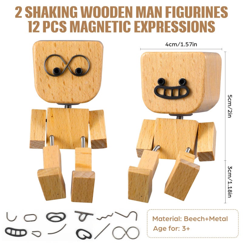 Novabright 2 Pcs Shaking Wooden Man Figurine with 12 Pcs Magnetic Expressions, Shaking Feet Wooden Doll for Car Dashboard Desktop Decorations Birthday Anniversary Handmade Women Man Gift - Image 2