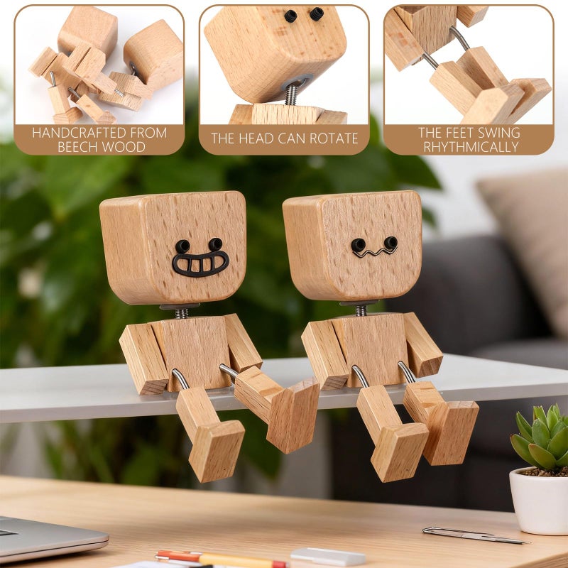 Novabright 2 Pcs Shaking Wooden Man Figurine with 12 Pcs Magnetic Expressions, Shaking Feet Wooden Doll for Car Dashboard Desktop Decorations Birthday Anniversary Handmade Women Man Gift - Image 3