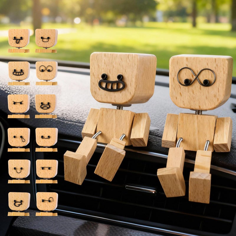 Novabright 2 Pcs Shaking Wooden Man Figurine with 12 Pcs Magnetic Expressions, Shaking Feet Wooden Doll for Car Dashboard Desktop Decorations Birthday Anniversary Handmade Women Man Gift - Image 1