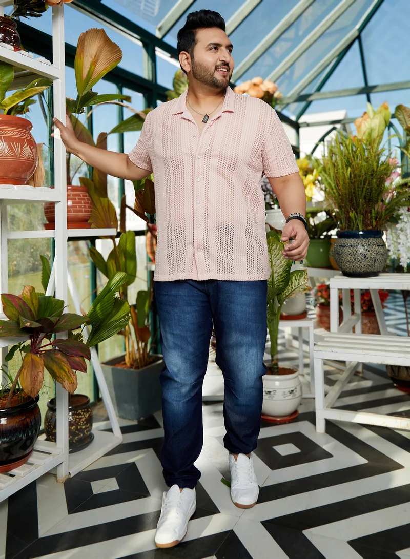 Instafab Plus Instafab Plus Men's Nude Pink Ziggy-Knit Shirt For Casual Wear | Cuban Collar | Short Regular Sleeves | Button Closure | Plus Size Shirt Crafted With Comfort Fit For Everyday Wear