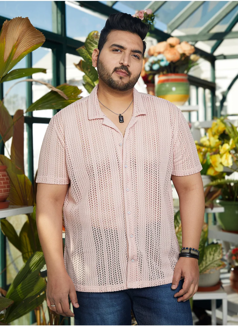 Instafab Plus Instafab Plus Men's Nude Pink Ziggy-Knit Shirt For Casual Wear | Cuban Collar | Short Regular Sleeves | Button Closure | Plus Size Shirt Crafted With Comfort Fit For Everyday Wear