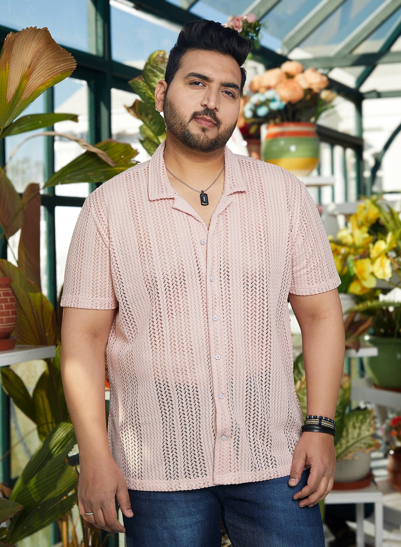 Instafab Plus Instafab Plus Men's Nude Pink Ziggy-Knit Shirt For Casual Wear | Cuban Collar | Short Regular Sleeves | Button Closure | Plus Size Shirt Crafted With Comfort Fit For Everyday Wear - Image 2