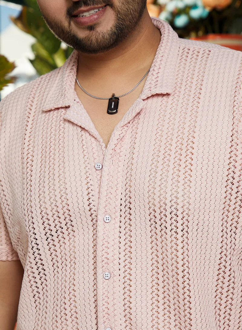 Instafab Plus Instafab Plus Men's Nude Pink Ziggy-Knit Shirt For Casual Wear | Cuban Collar | Short Regular Sleeves | Button Closure | Plus Size Shirt Crafted With Comfort Fit For Everyday Wear