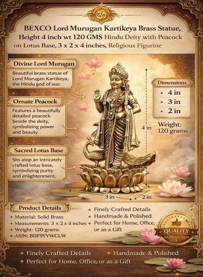 BEXCO Brass Lord Murugan Kartikeya Statue - 4 Inch Subramanya Idol with Vel and Peacock for Home Puja, Office Desk, and Car Dashboard, (4 inch) - Image 2