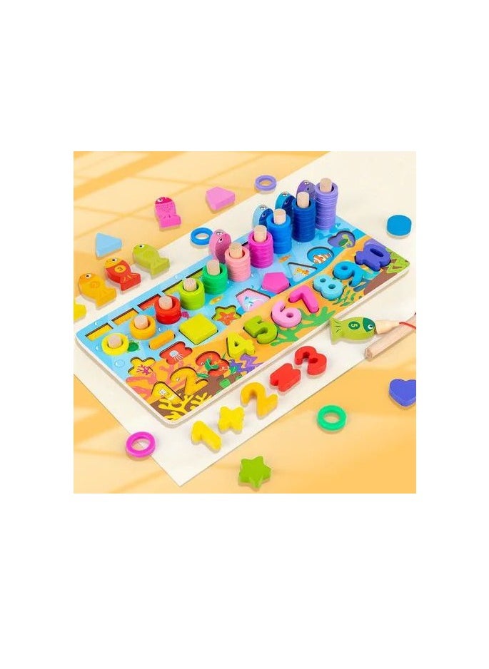 Generic Wooden puzzle matching letters, numbers, shapes, and fishing  - Image 1