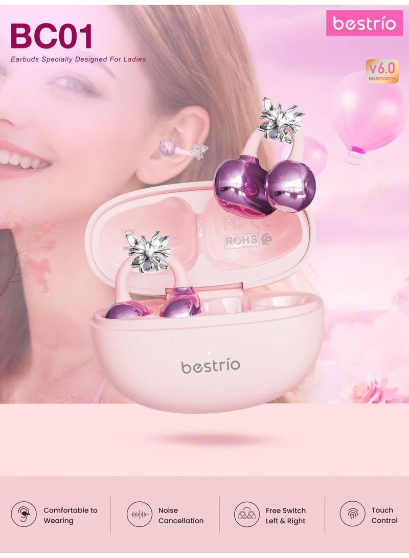 Bestrio BC01 Open Wearable Stereo Bluetooth Earbuds for Women – Clip-On Design, Touch Control, Noise Reduction, Pink Charging Case - Image 5