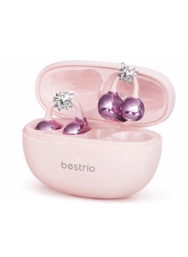 Bestrio BC01 Open Wearable Stereo Bluetooth Earbuds for Women – Clip-On Design, Touch Control, Noise Reduction, Pink Charging Case - Image 1