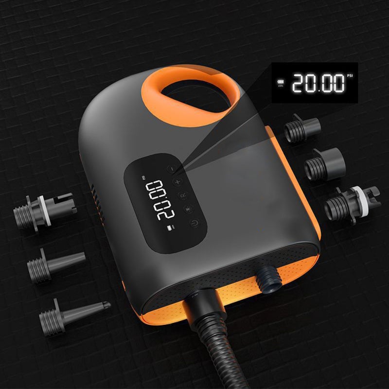 مضخة هواء محمولة: لاسلكية باللونين الأسود والبرتقالي - محركين مزدوجين بقوة 120 واط لتضخيم وانتفع كفؤ وقوي، مراقب ضغط LED مع إيقاف تلقائي للألواح المجدية، الألواح الكاياك والأجهزة قابلة للانتفاخ - Image 2