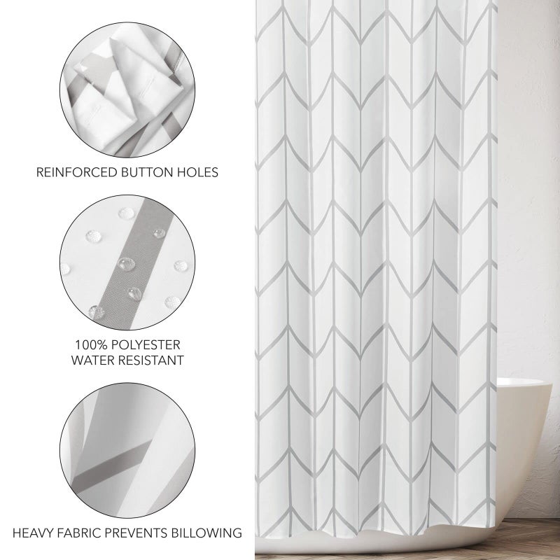 mDesign Fabric Geometric Shower Curtain - Herringbone Chevron Print with Reinforced Buttonholes for Master/Guest Bathroom - Machine Washable & Water Resistant Curtains, 72" x 72", Gray/White - Image 5