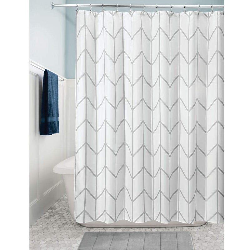 mDesign Fabric Geometric Shower Curtain - Herringbone Chevron Print with Reinforced Buttonholes for Master/Guest Bathroom - Machine Washable & Water Resistant Curtains, 72" x 72", Gray/White - Image 2