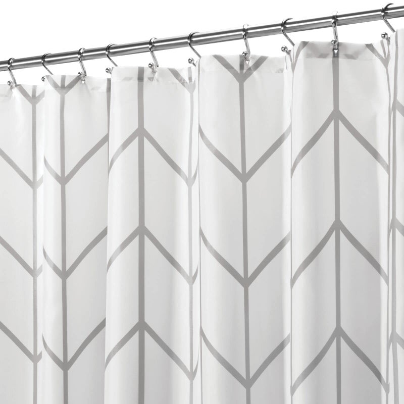 mDesign Fabric Geometric Shower Curtain - Herringbone Chevron Print with Reinforced Buttonholes for Master/Guest Bathroom - Machine Washable & Water Resistant Curtains, 72" x 72", Gray/White - Image 1
