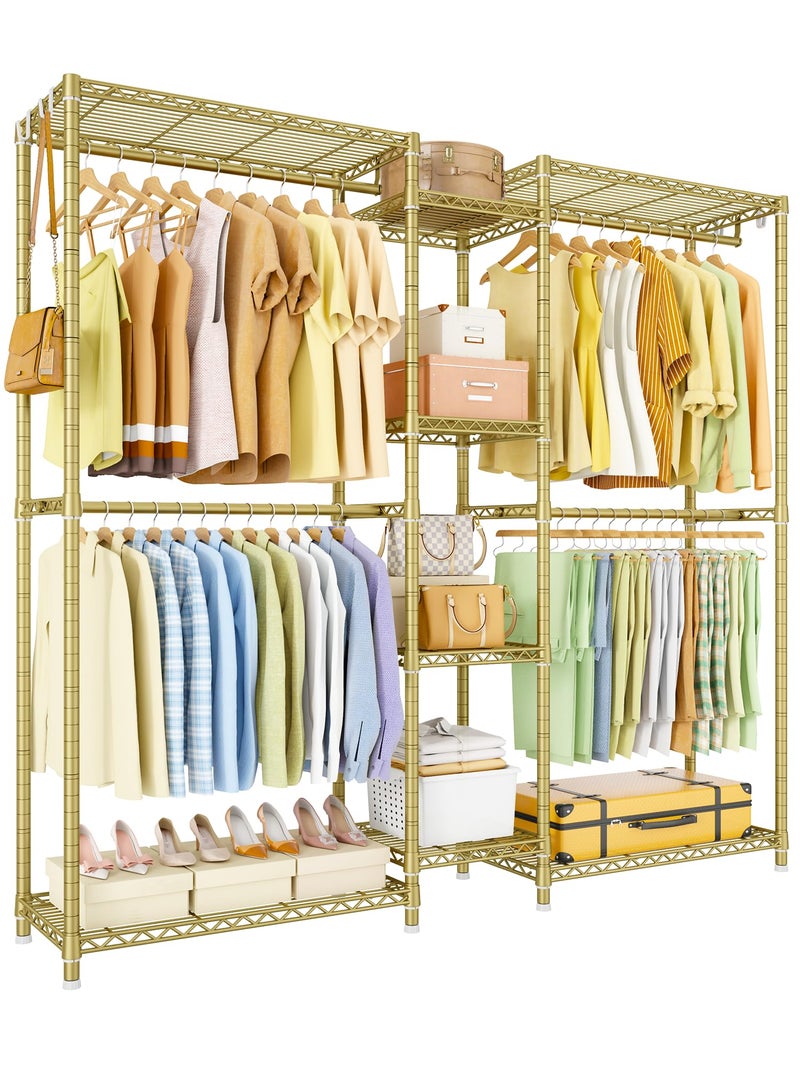 Ulif E4 Clothes Rack, Heavy-Duty Garment Rack, Metal Freestanding Clothing Organization Storage System Can Be L-Shaped with Shelves and Hangers, Max Load 962lbs, 71.6" W x 14.5" D x 79.3" H, Gold - Image 1