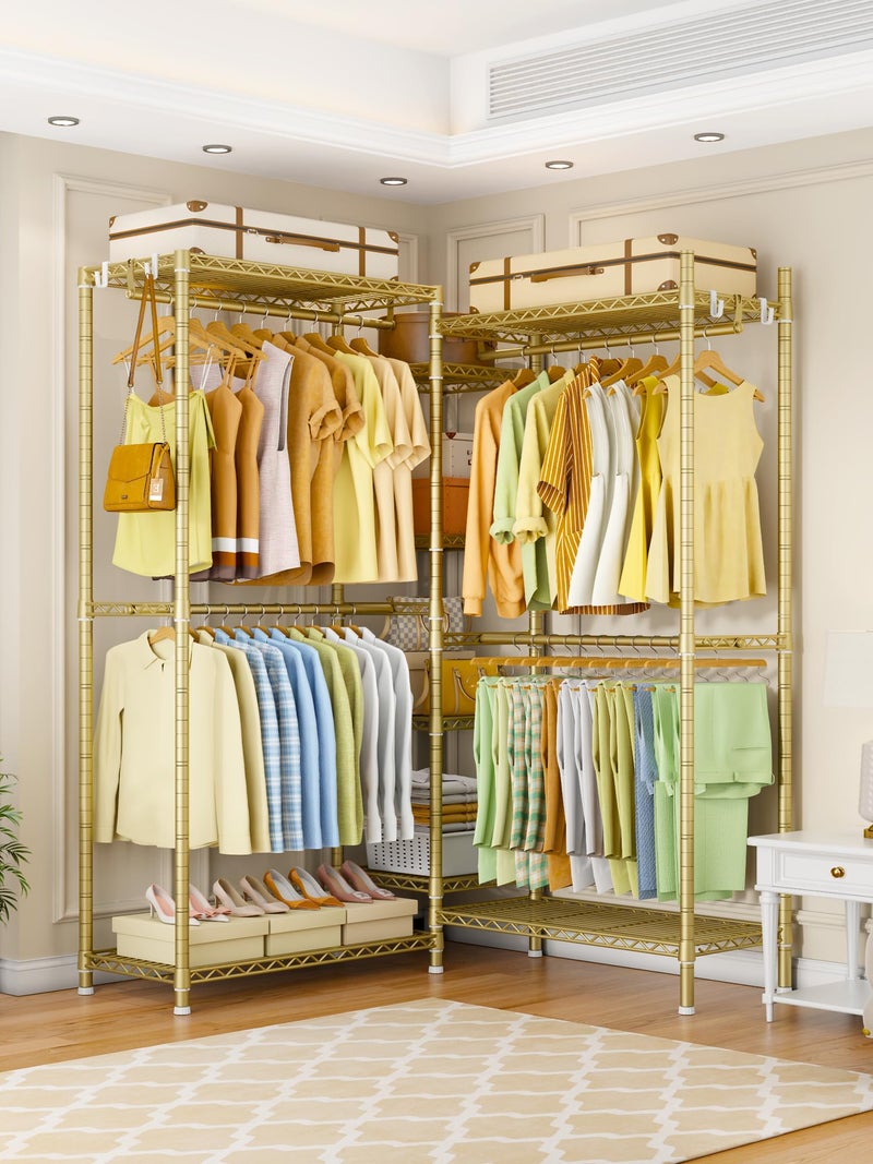 Ulif E4 Clothes Rack, Heavy-Duty Garment Rack, Metal Freestanding Clothing Organization Storage System Can Be L-Shaped with Shelves and Hangers, Max Load 962lbs, 71.6" W x 14.5" D x 79.3" H, Gold - Image 5
