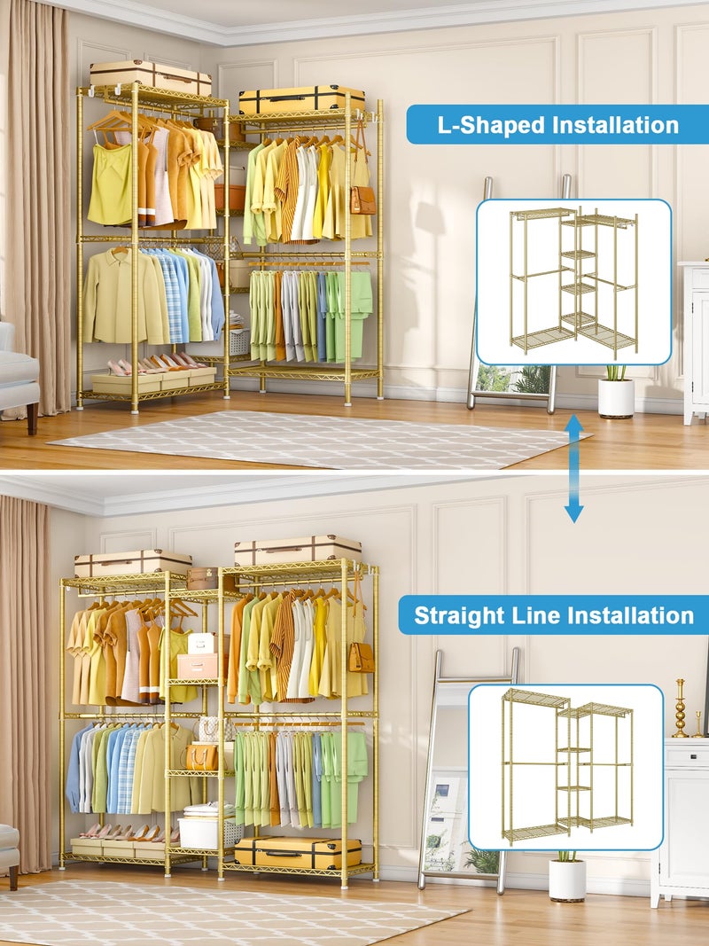 Ulif E4 Clothes Rack, Heavy-Duty Garment Rack, Metal Freestanding Clothing Organization Storage System Can Be L-Shaped with Shelves and Hangers, Max Load 962lbs, 71.6" W x 14.5" D x 79.3" H, Gold - Image 4