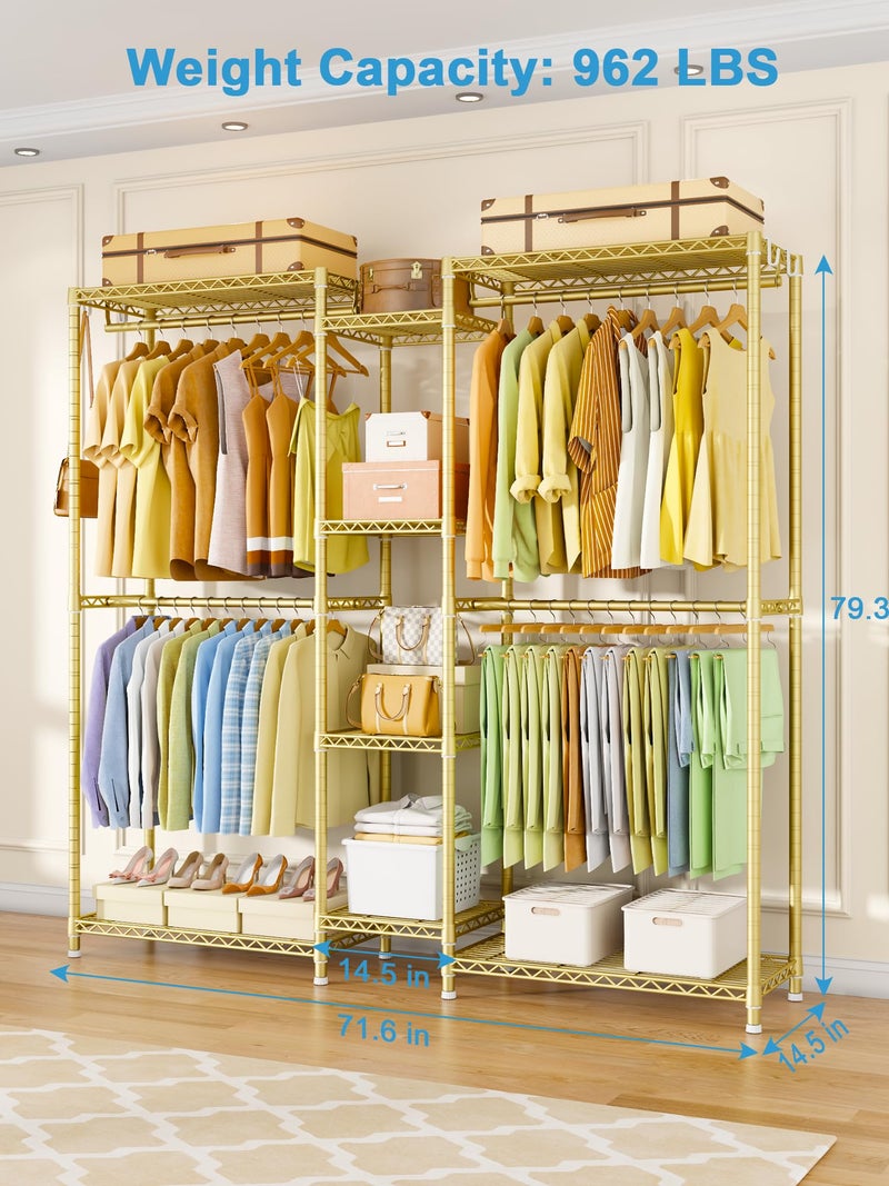 Ulif E4 Clothes Rack, Heavy-Duty Garment Rack, Metal Freestanding Clothing Organization Storage System Can Be L-Shaped with Shelves and Hangers, Max Load 962lbs, 71.6" W x 14.5" D x 79.3" H, Gold - Image 3