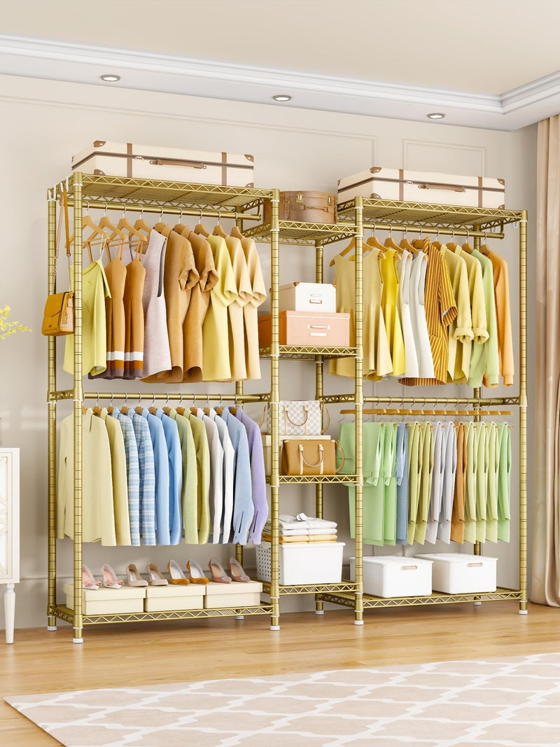 Ulif E4 Clothes Rack, Heavy-Duty Garment Rack, Metal Freestanding Clothing Organization Storage System Can Be L-Shaped with Shelves and Hangers, Max Load 962lbs, 71.6" W x 14.5" D x 79.3" H, Gold - Image 2