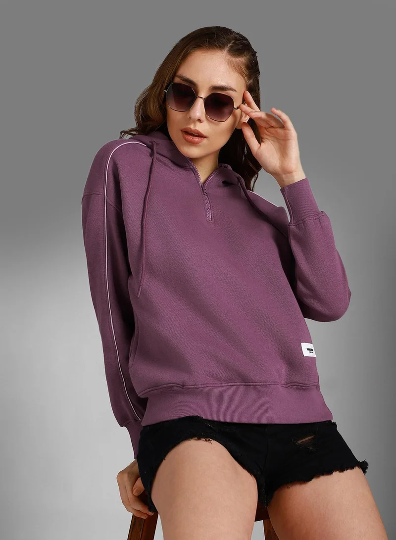 HIGH STAR Women's Purple Cotton Blend Solid Pattern Regular Fit Sweatshirt